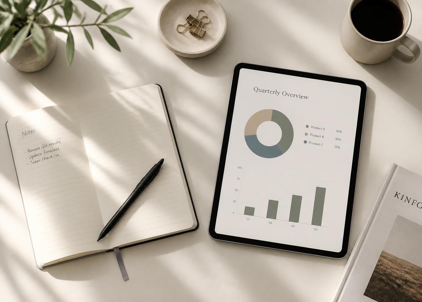Notebook, pen and tablet showing a simple performance chart