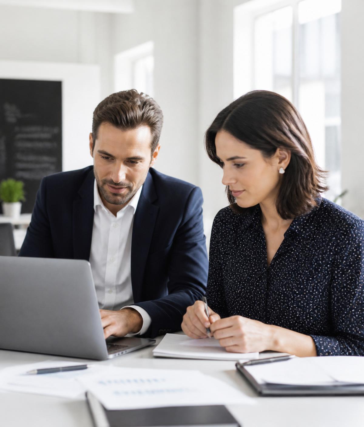 Two colleagues reviewing work together in a bright office